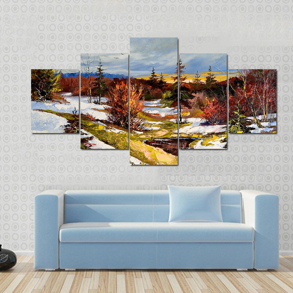 Snowy Stream at Sunset Canvas Wall Art