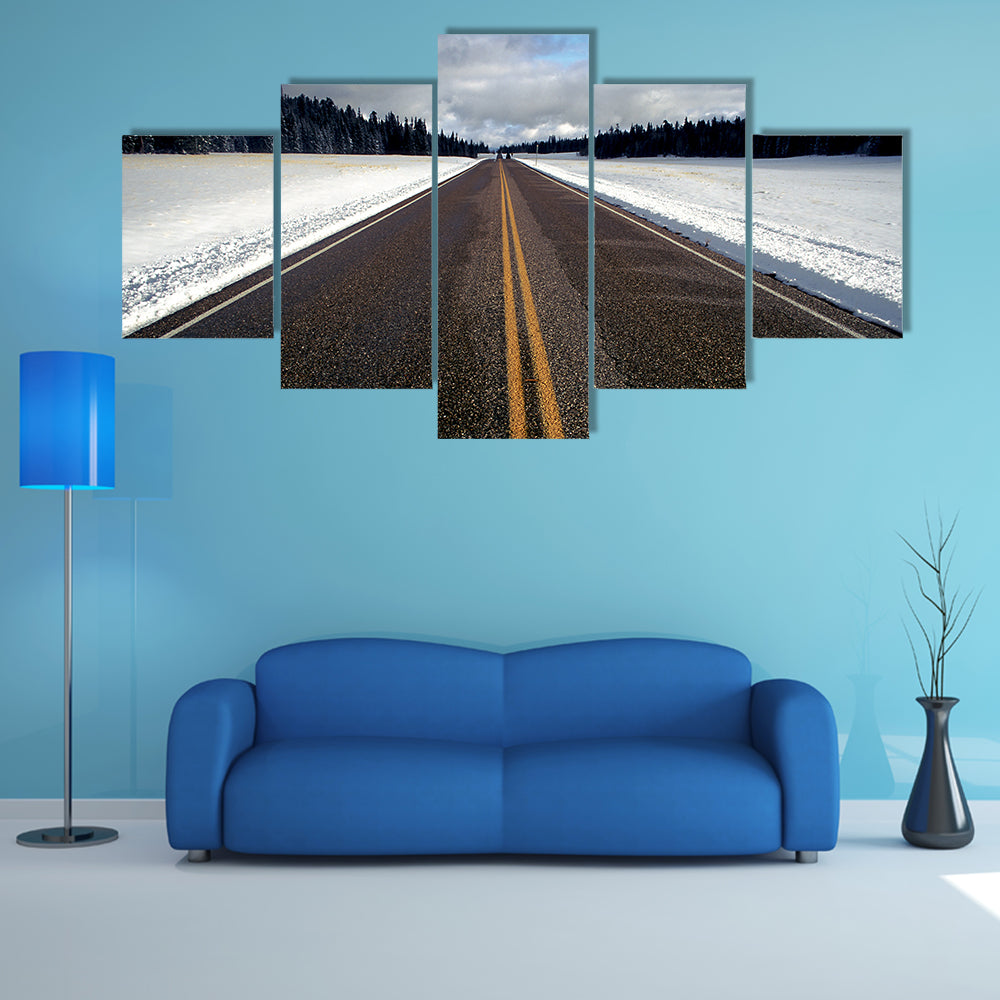 Straight Strip Of Road In Winter Canvas Wall Art