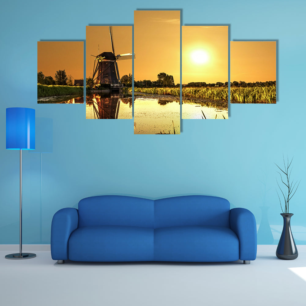 Kinderdijk Windmill at Golden Sunrise Canvas Wall Art