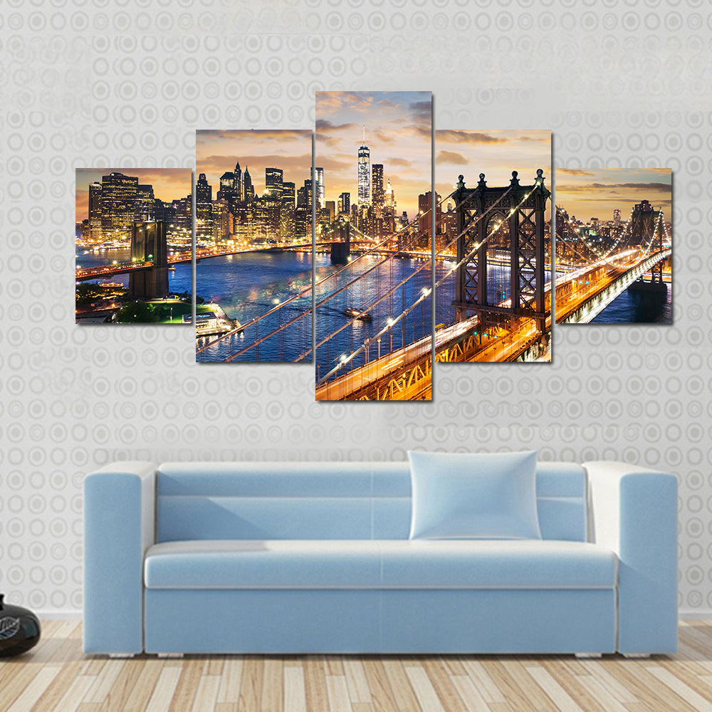 Manhattan Bridge and Skyline at Dusk Canvas Wall Art