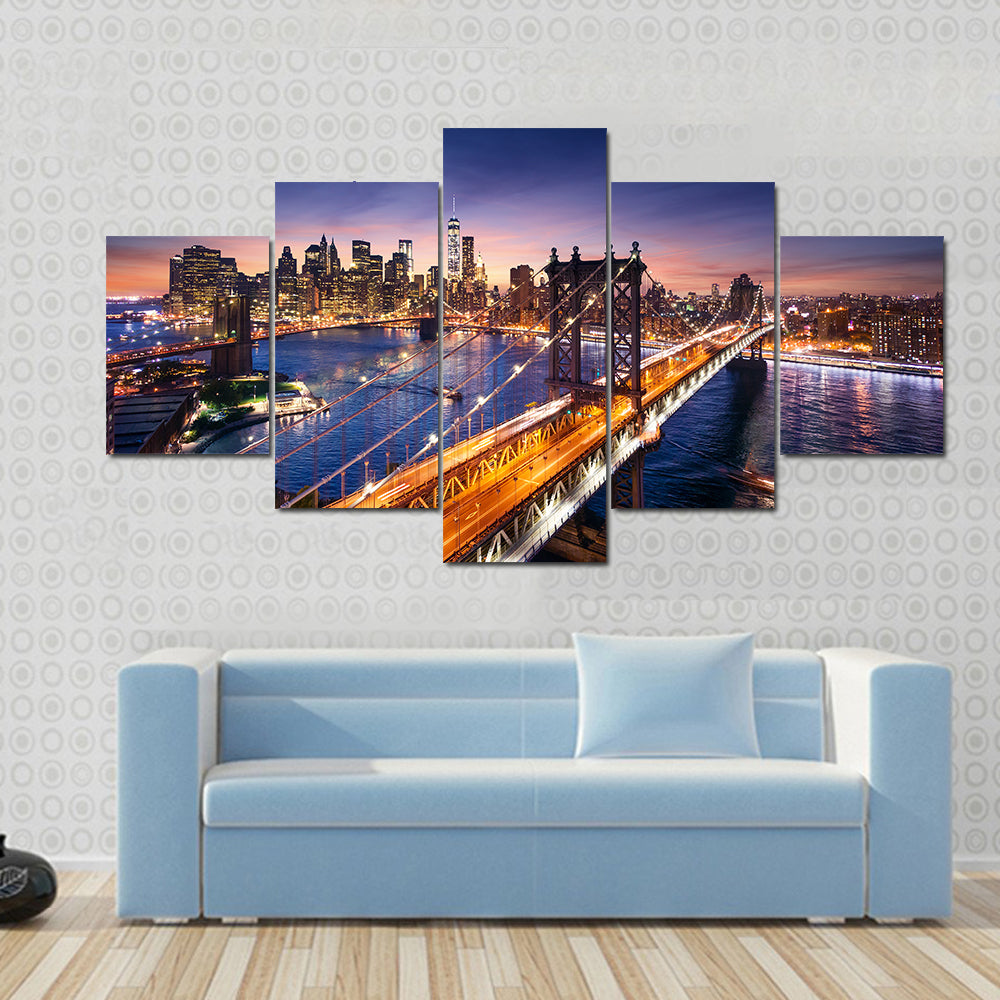 Dusk Over Manhattan Bridge Canvas Wall Art