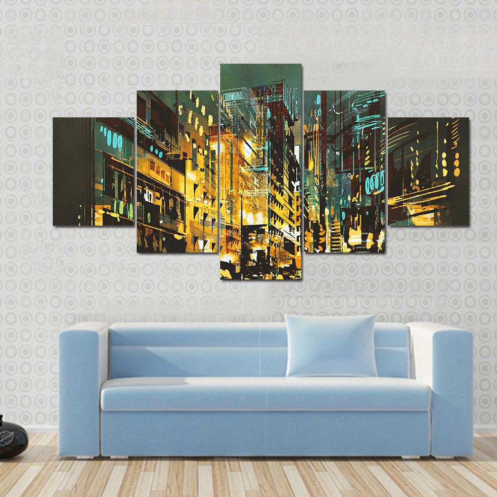 Abstract Night Cityscape with Golden Lights Canvas Wall Art