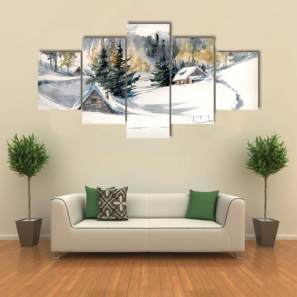 Snowy Mountain Village Canvas Wall Art