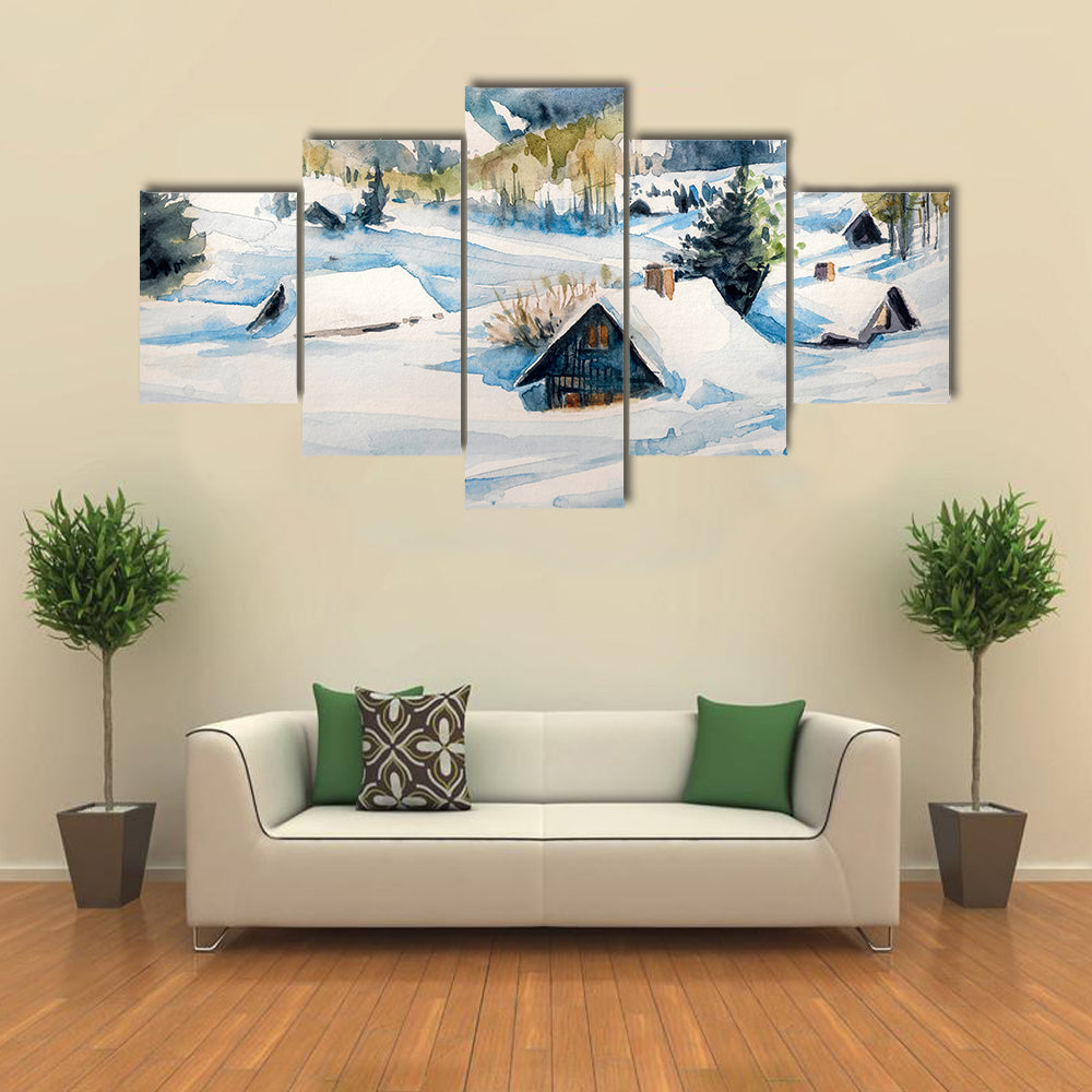 Snowy Mountain Village Canvas Wall Art