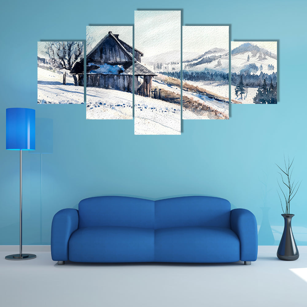 Small House In Winter Mountains Canvas Wall Art