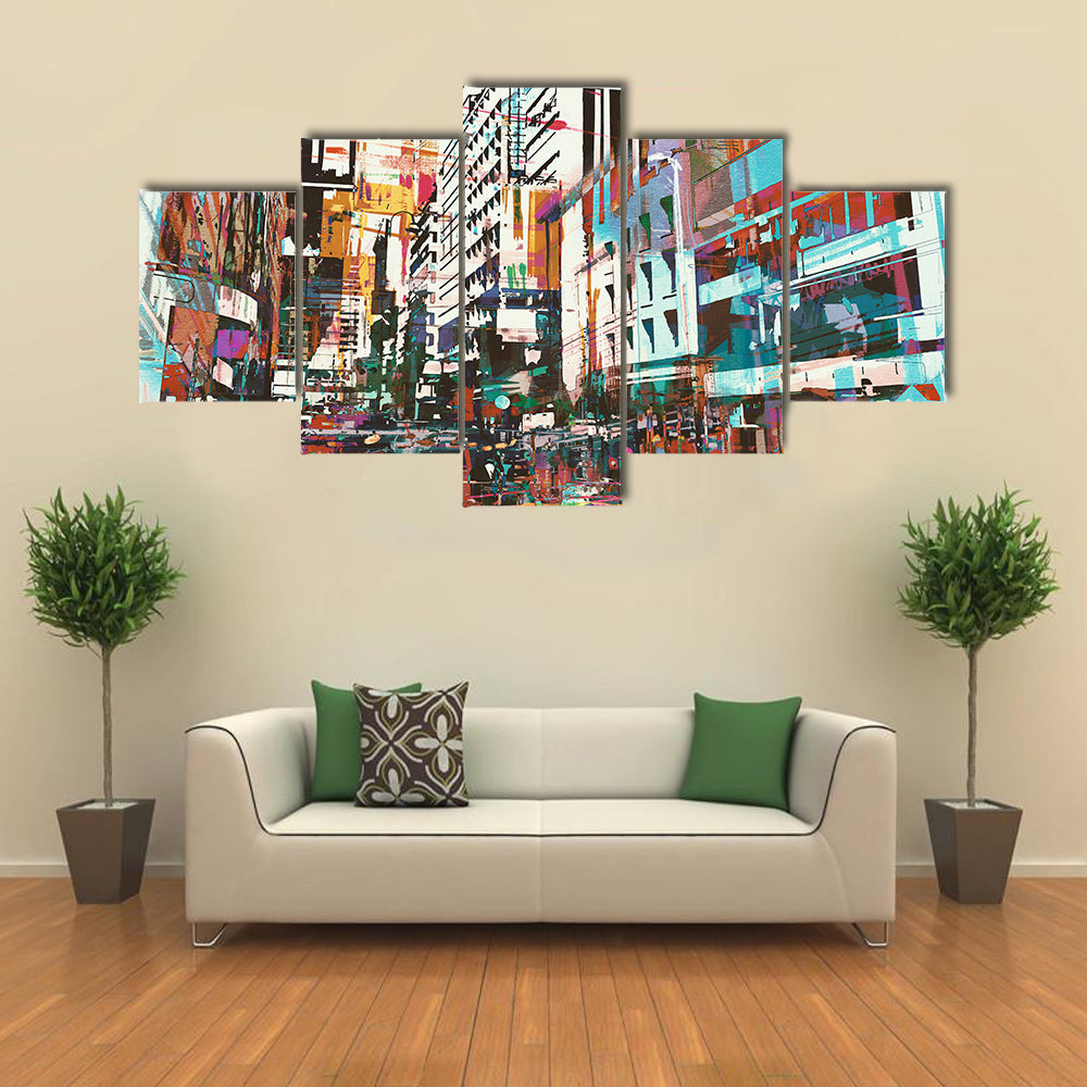 Energetic Abstract Cityscape in Cyan and Red Canvas Wall Art