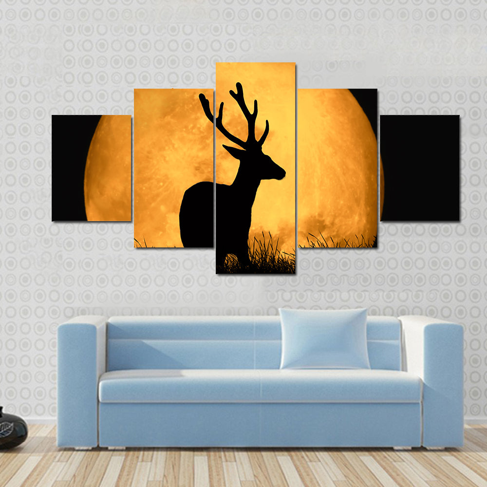 Deer Silhouette With Large Moon Canvas Wall Art