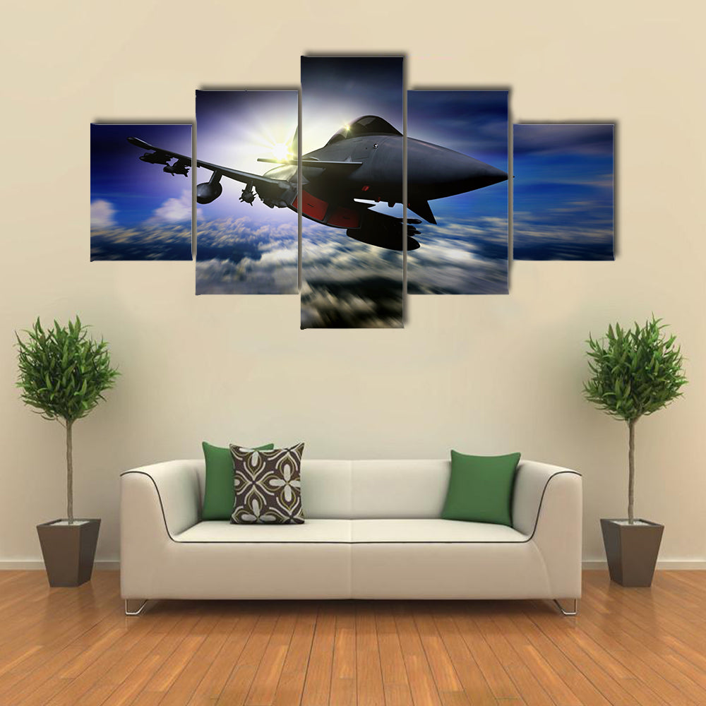 Military Jet Flying During Sunrise Canvas Wall Art