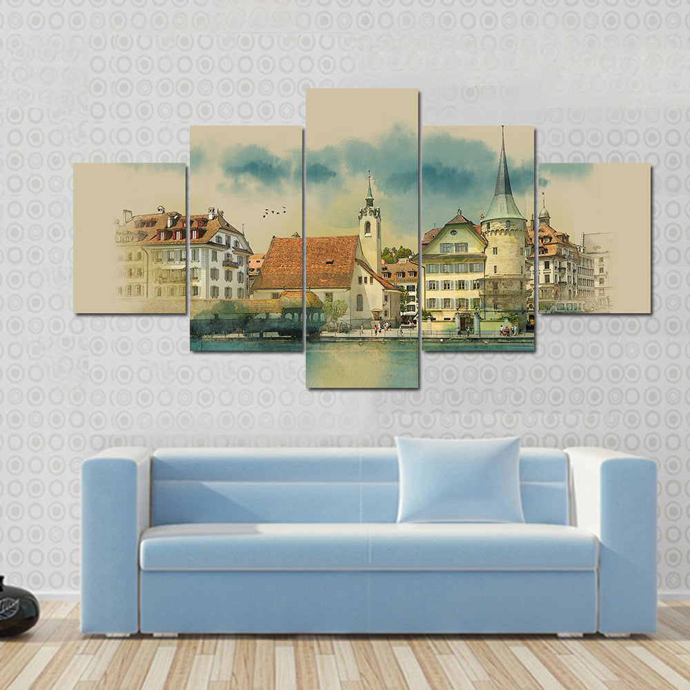 Sketch Of Lucerne Town In Switzerland Canvas Wall Art