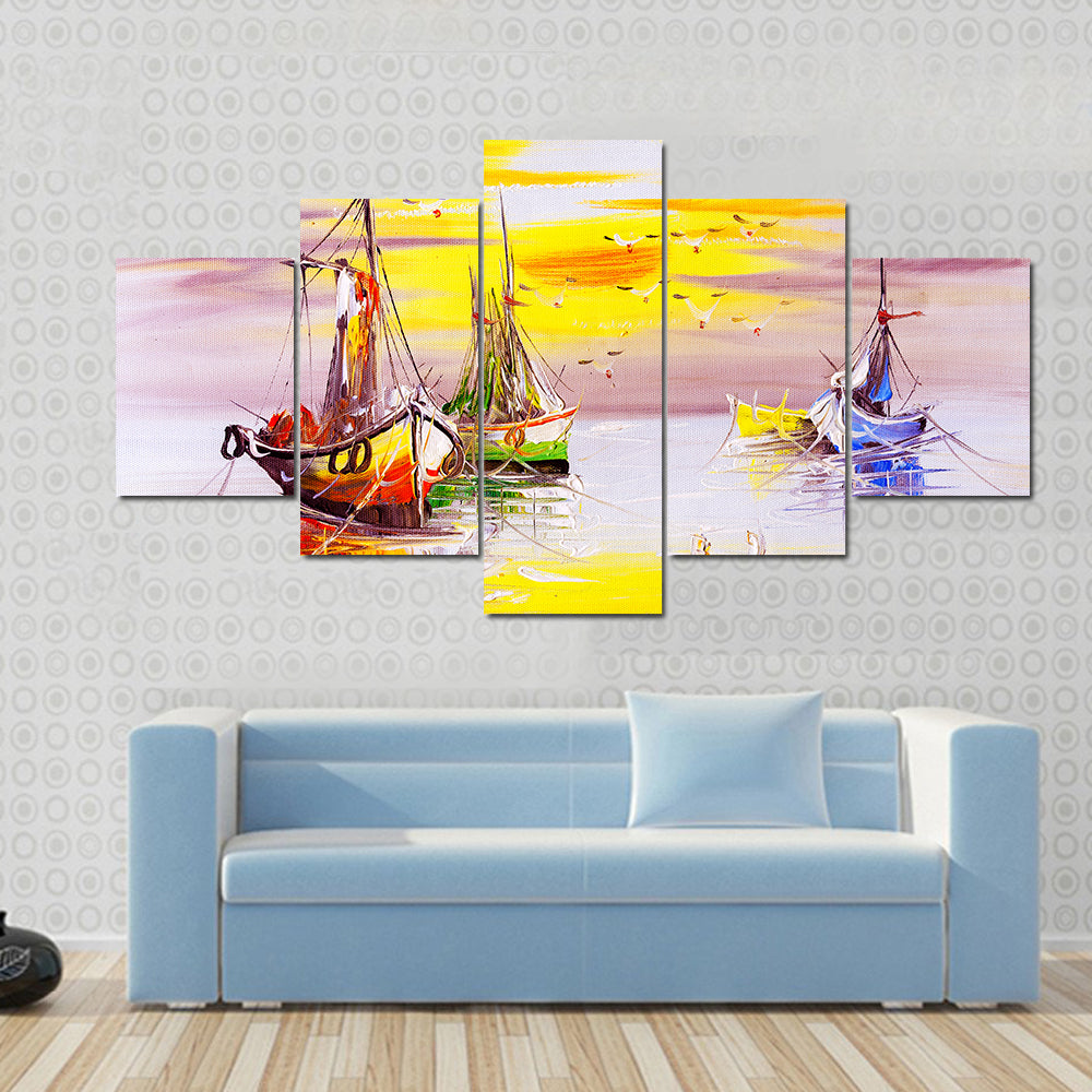 Boats With Sunset Canvas Wall Art
