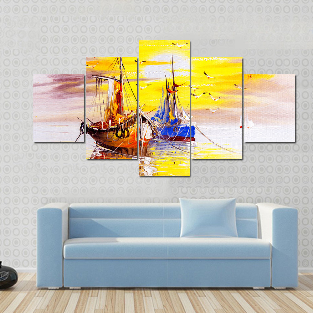 Boats With Sunset Canvas Wall Art