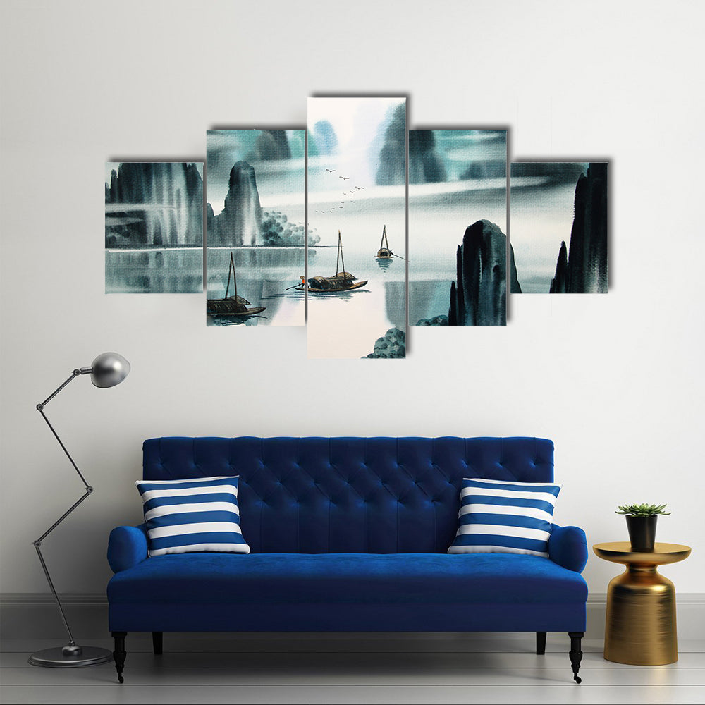 Misty River Chinese Watercolor Landscape Canvas Wall Art
