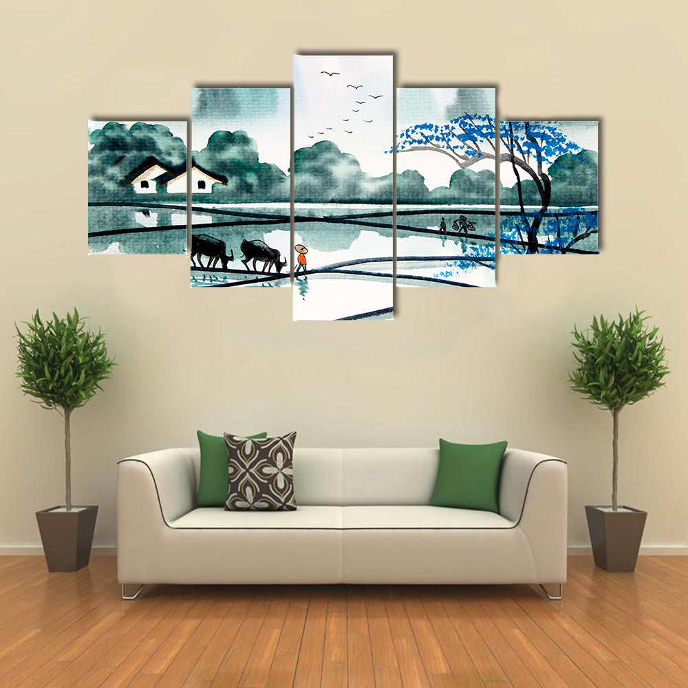 Misty Chinese Watercolor Landscape Canvas Wall Art