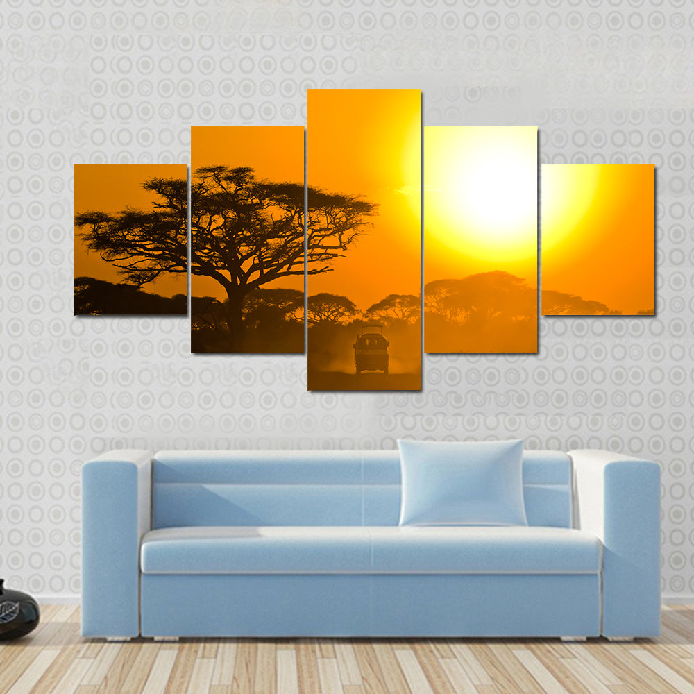 Safari Jeep Driving Through Savannah In The Sunset Africa Canvas Wall Art