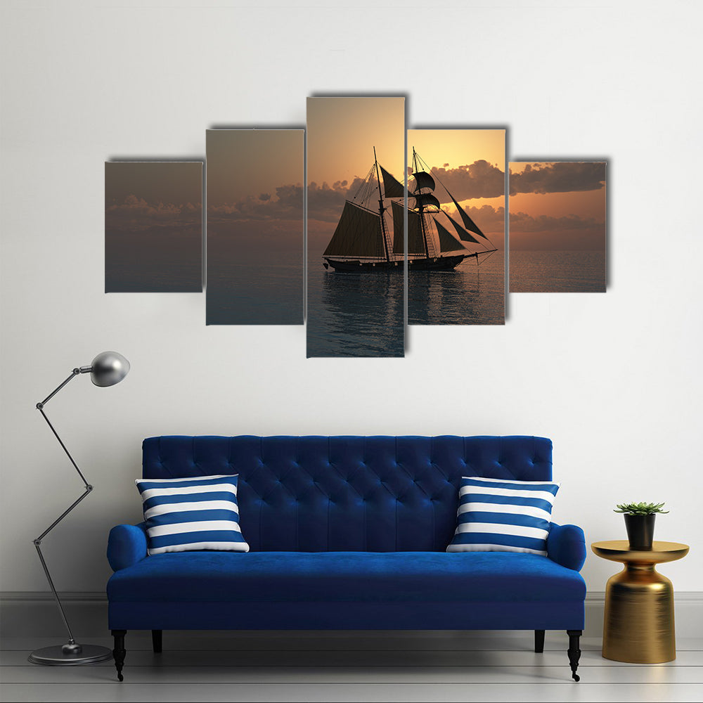 Sunset On Sea With Schooner Ship Wall Art