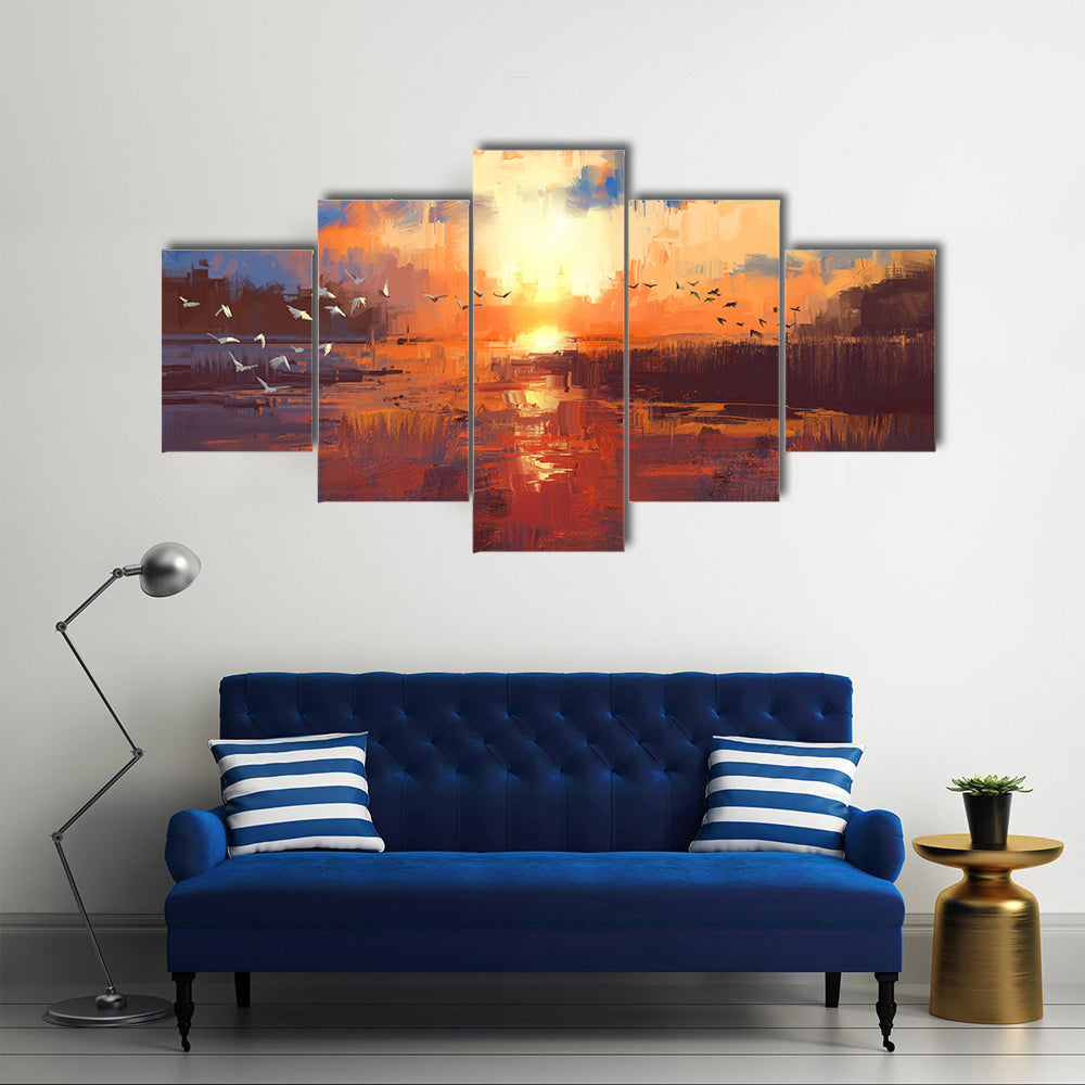 Golden Sunset Over Lake with Birds Canvas Wall Art