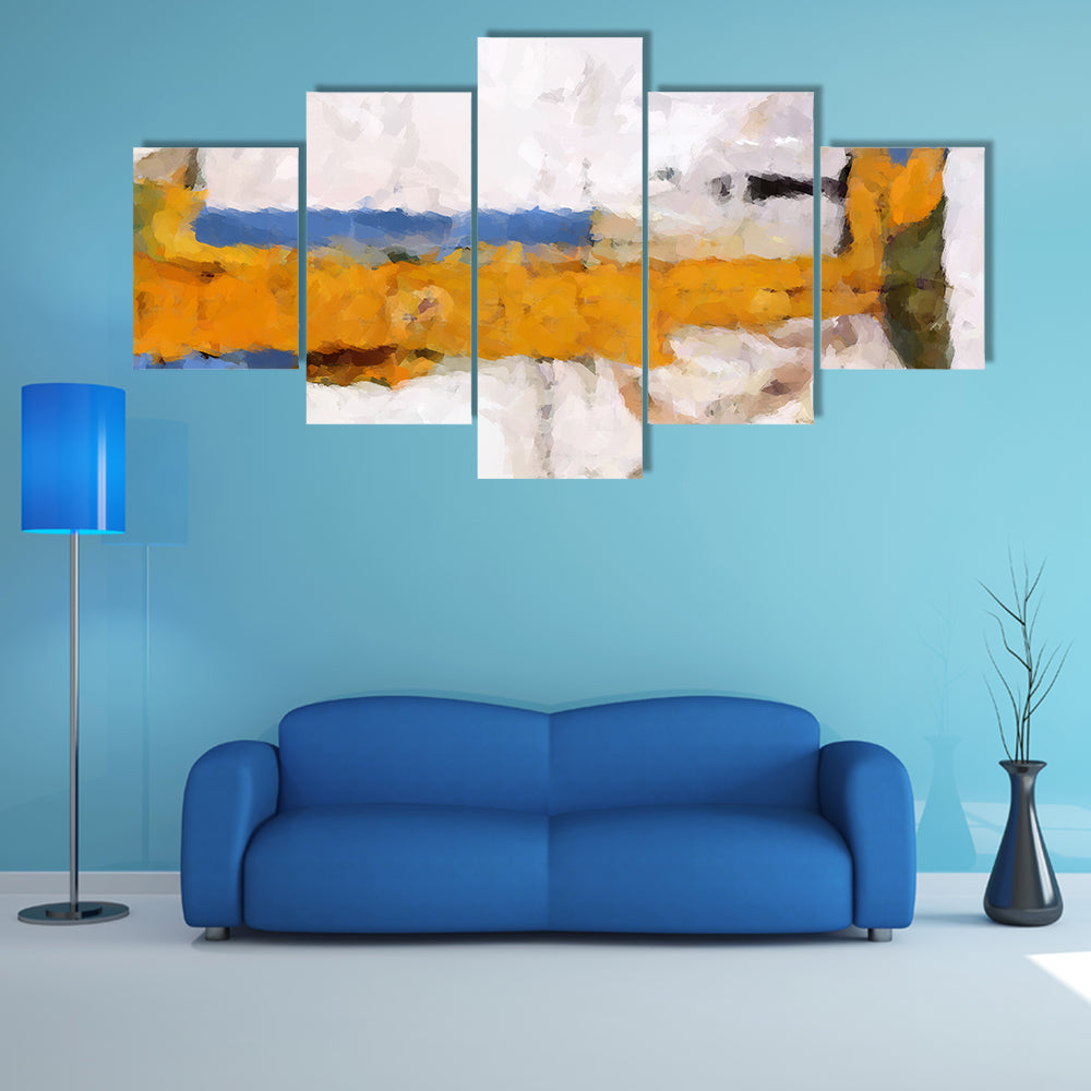 Ochre Yellow Band Abstract with Blue Accents Canvas Wall Art