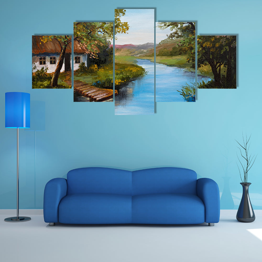 Farmhouse Near The River Canvas Wall Art