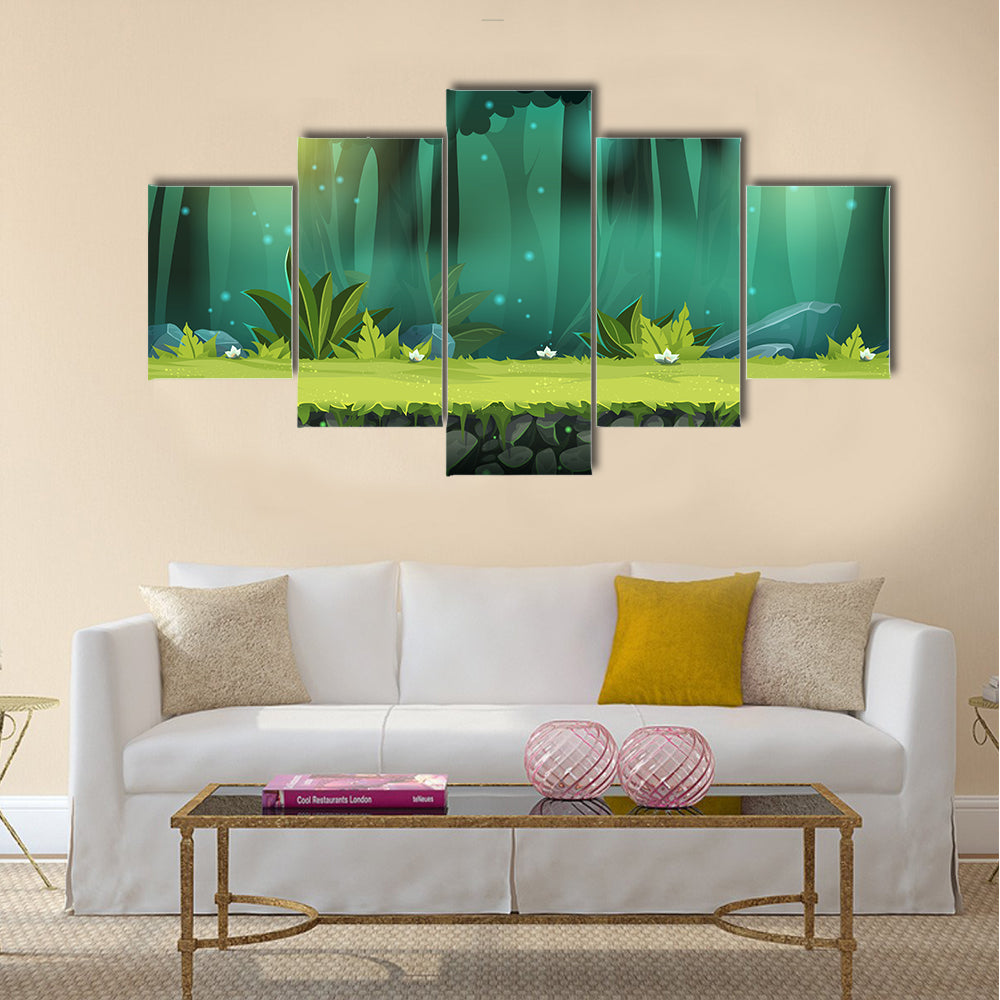 Magical Mist Forest with Fireflies Canvas Wall Art