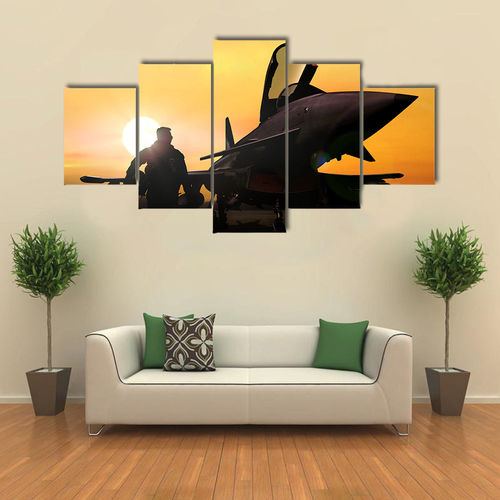 Military Pilot &amp; Aircraft At Airfield Canvas Wall Art