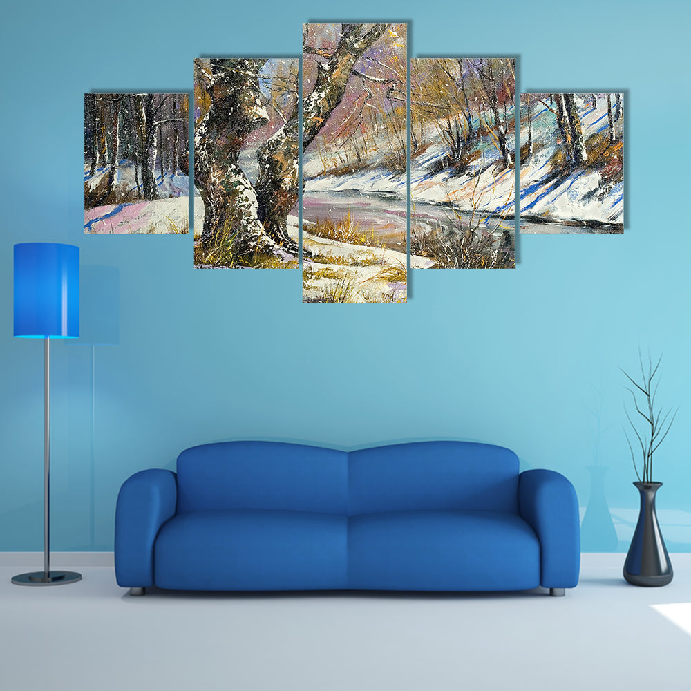 Winter River in Snowy Wood Canvas Wall Art