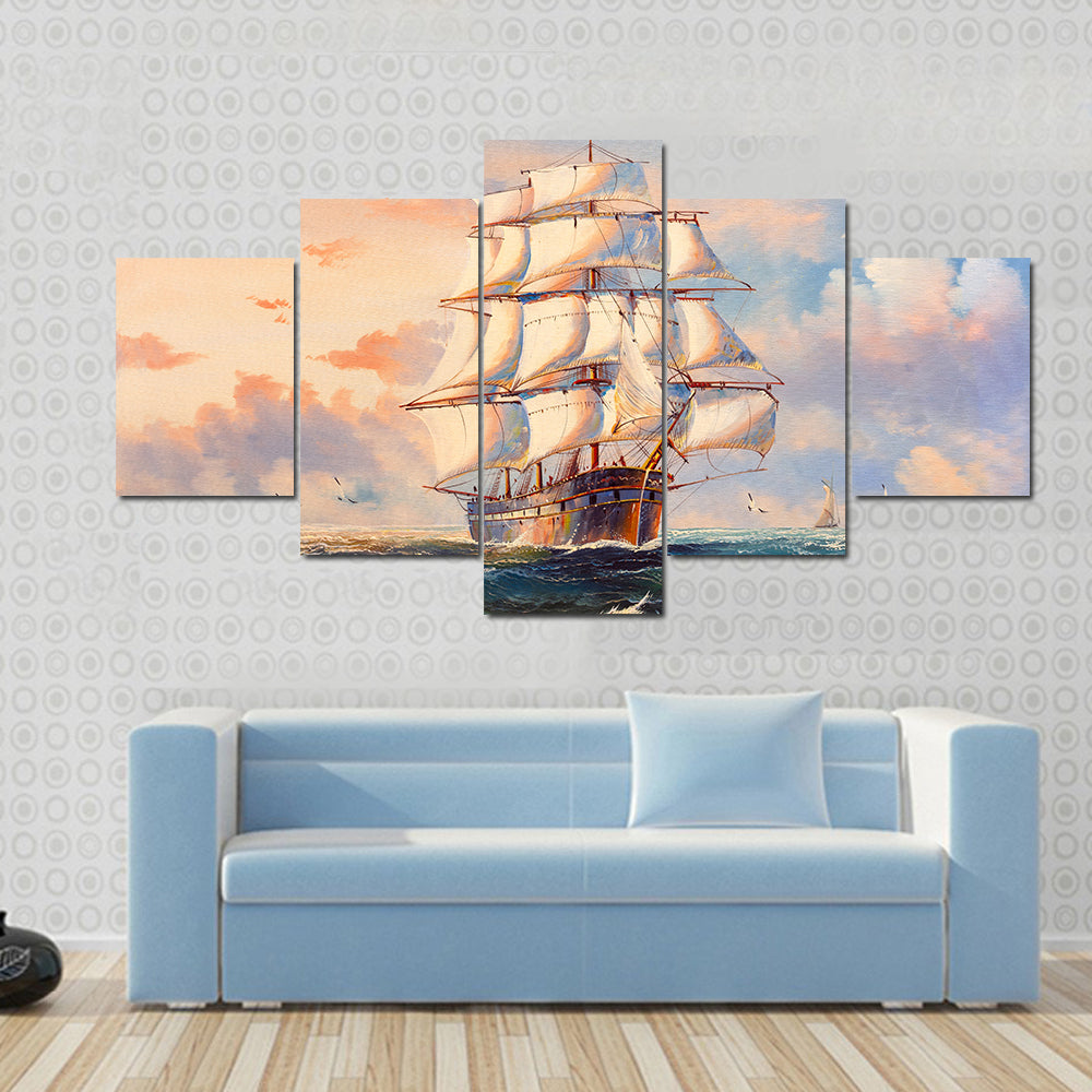 Sailing Boat In Storm Canvas Wall Art