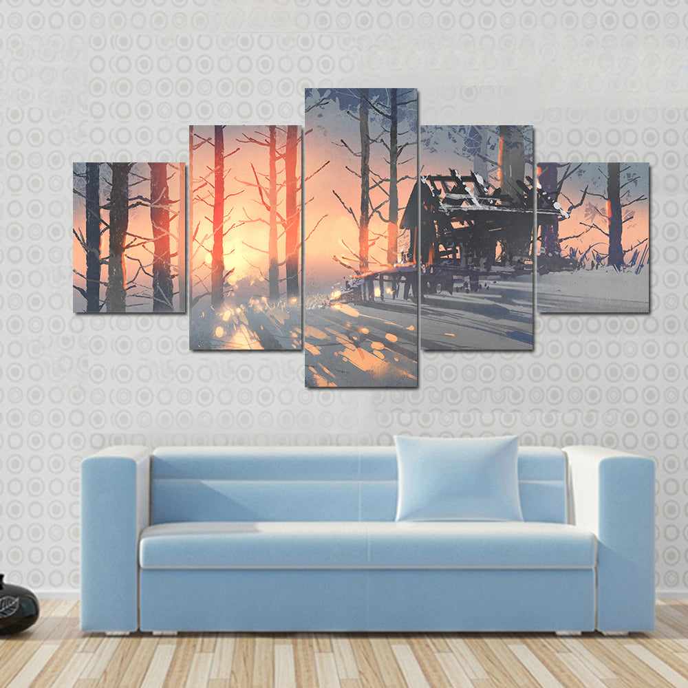 Abandoned House in Winter Forest Canvas Wall Art