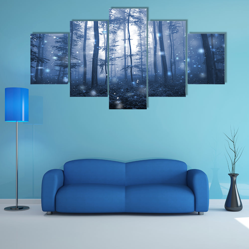Blue Fog Forest with Glowing Orbs Canvas Wall Art