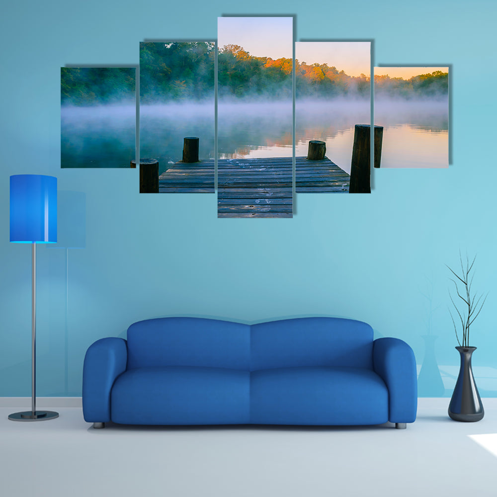 Wooden Dock at Misty Forest Lake Canvas Wall Art