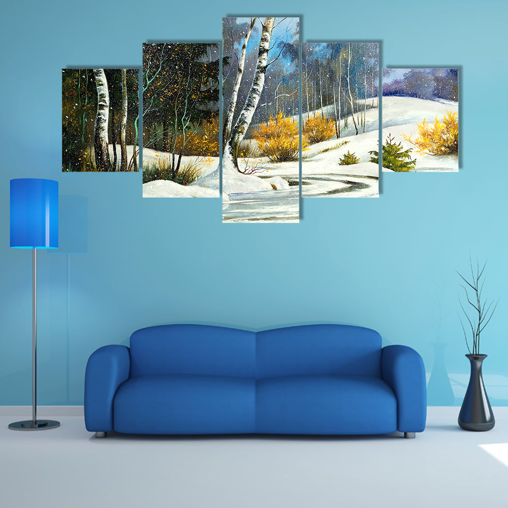 Winter Birch Forest with Frozen Stream Canvas Wall Art