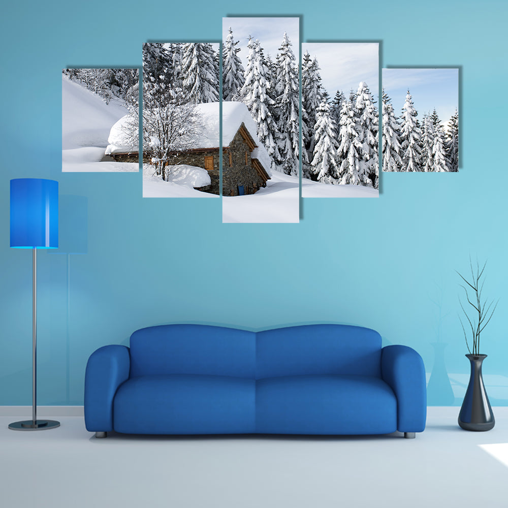 Alpine Hut Under Snow Canvas Wall Art