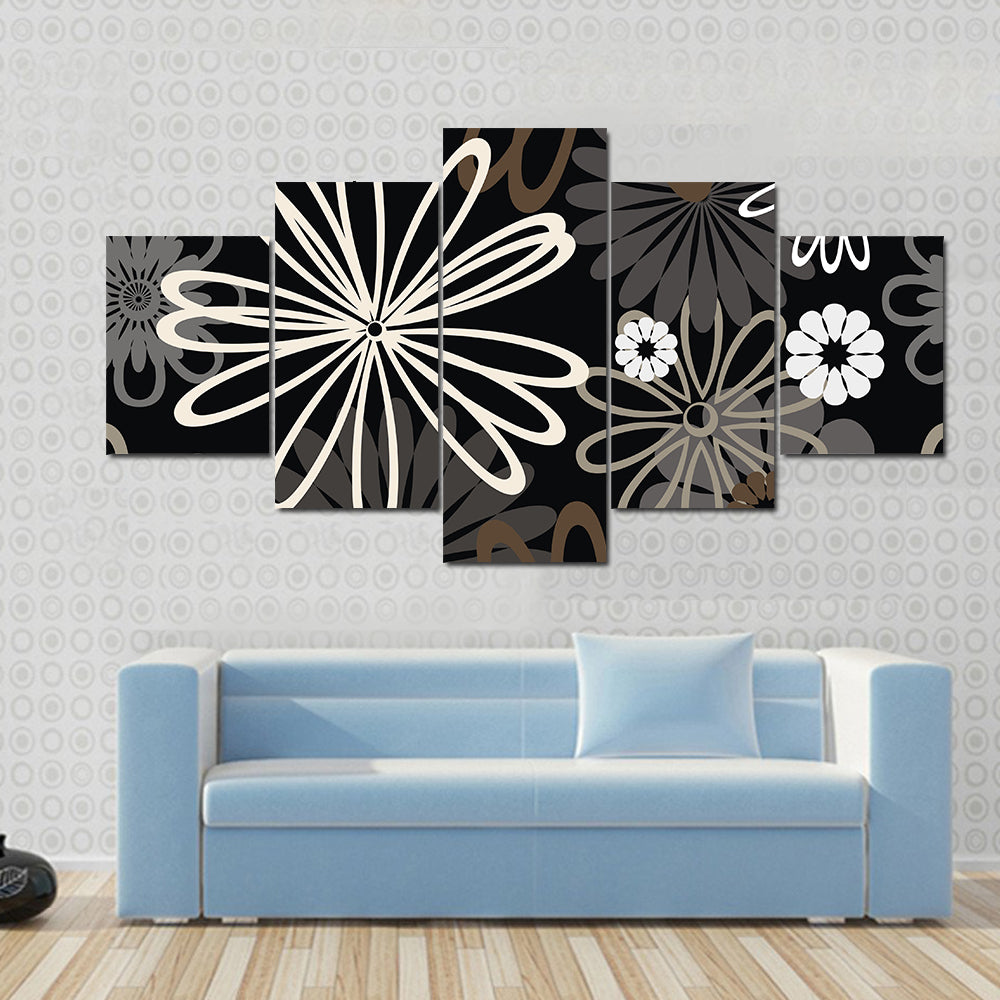 Retro Abstract Floral in Black and White Canvas Wall Art