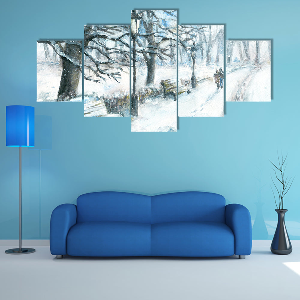 Winter Park With Walking Couple Canvas Wall Art