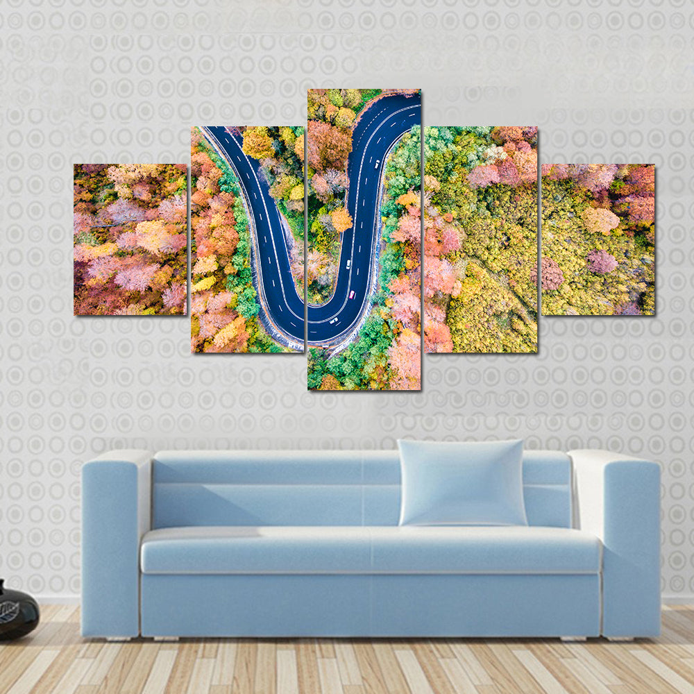 Curved Winding Road Through The Forest Canvas Wall Art