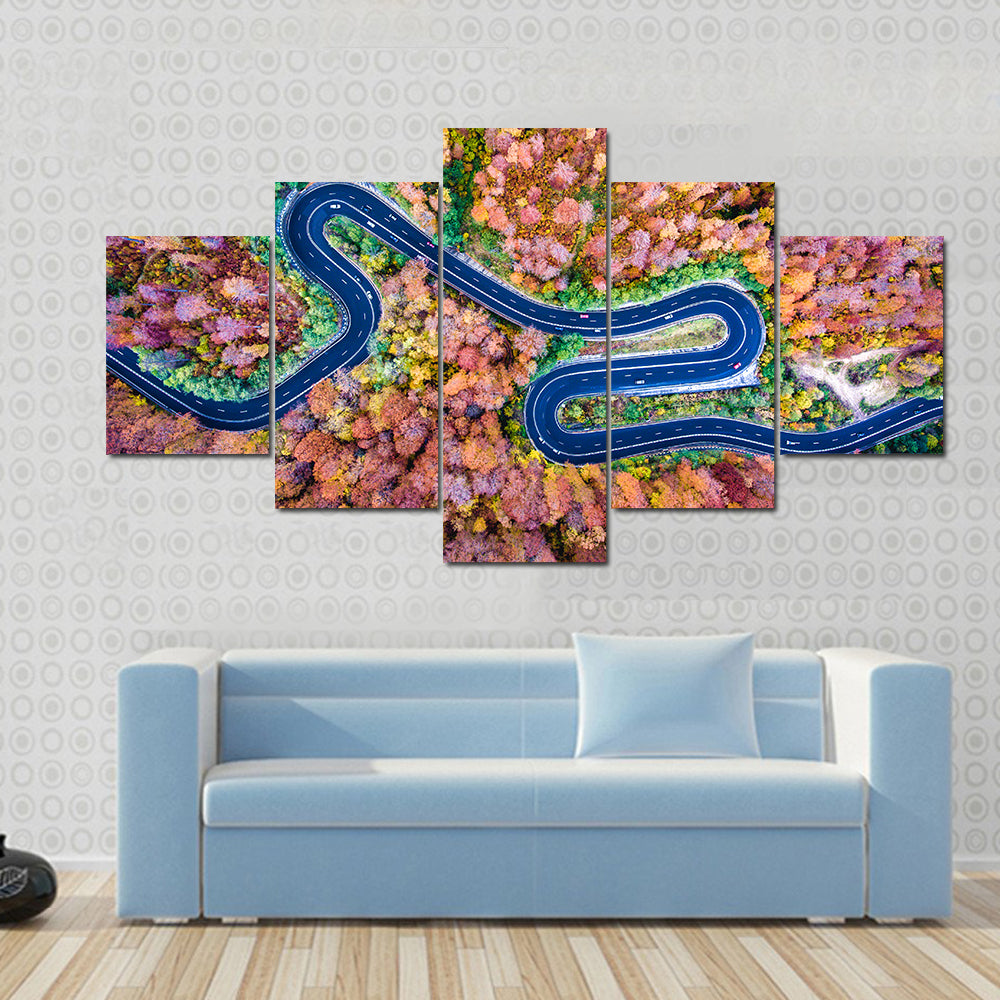 Curved Winding Road Through The Forest Canvas Wall Art