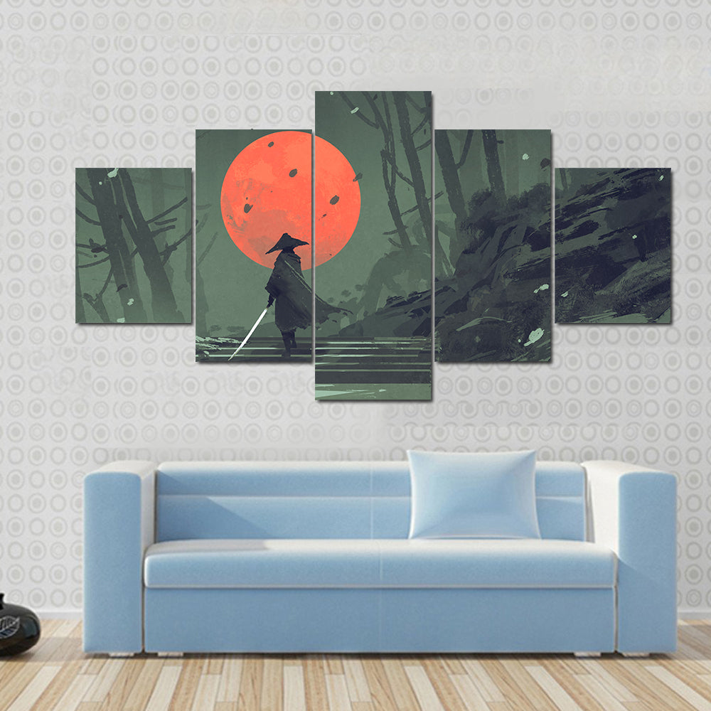 Samurai Standing On Stairway In Night Forest Under Red Moon Canvas Wall Art