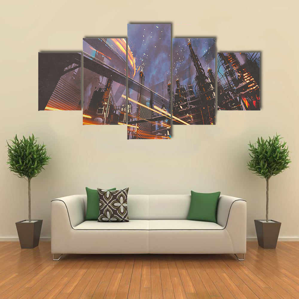 Futuristic Industrial Cityscape at Night Canvas Wall Art