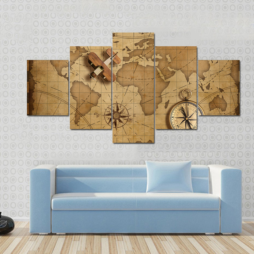 Small Wood Airplane Over World Nautical Map Canvas Wall Art