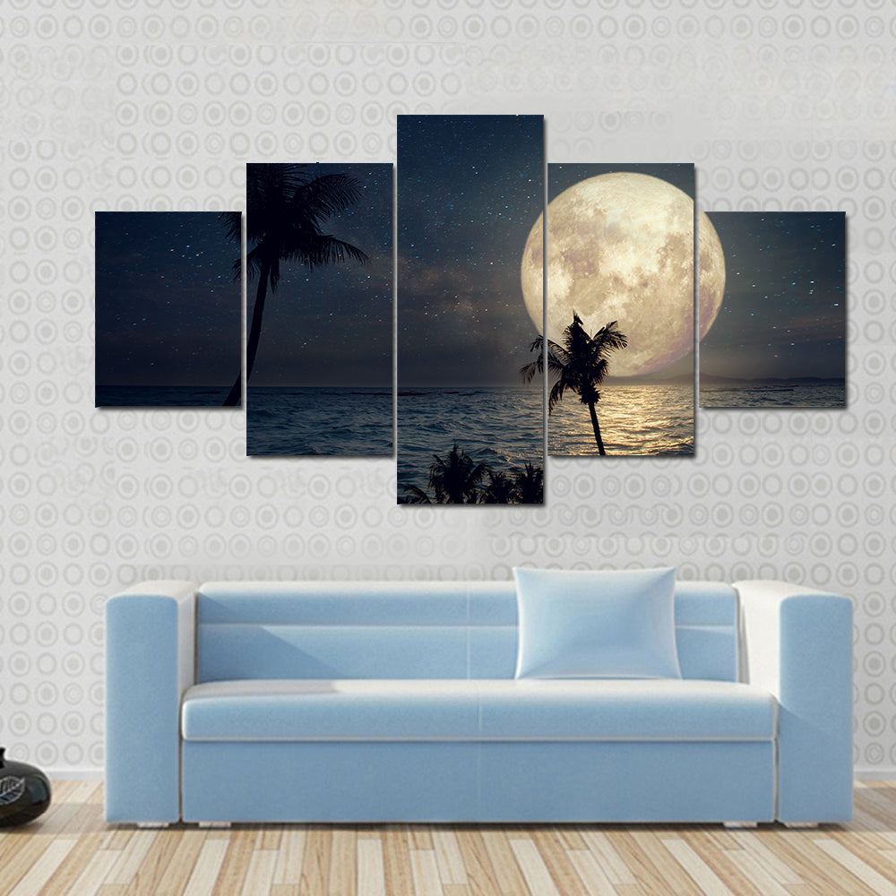 Tropical Beach Under Full Moon Canvas Wall Art