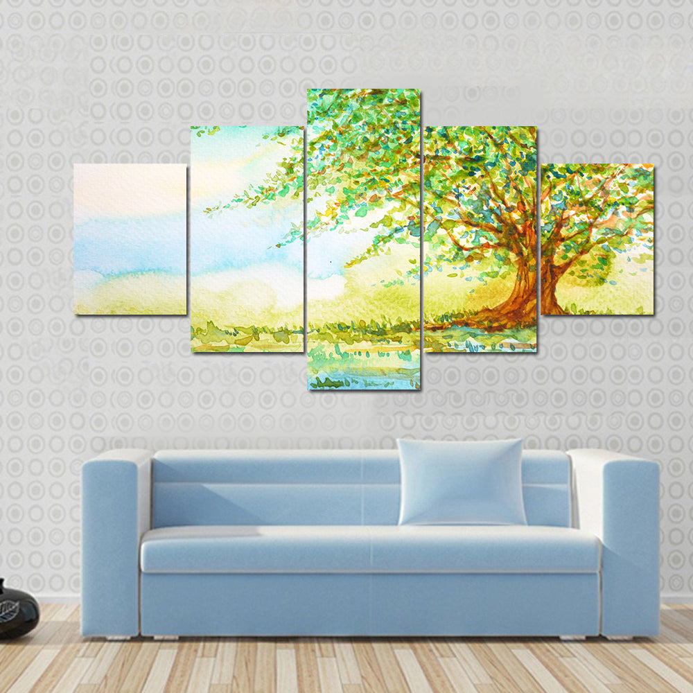Big Tree In Grass Field Canvas Wall Art