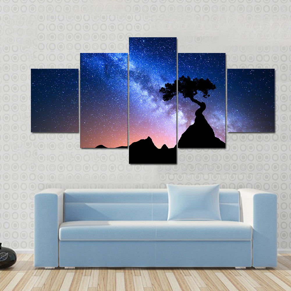 Alone Tree Under Starry Sky Canvas Wall Art