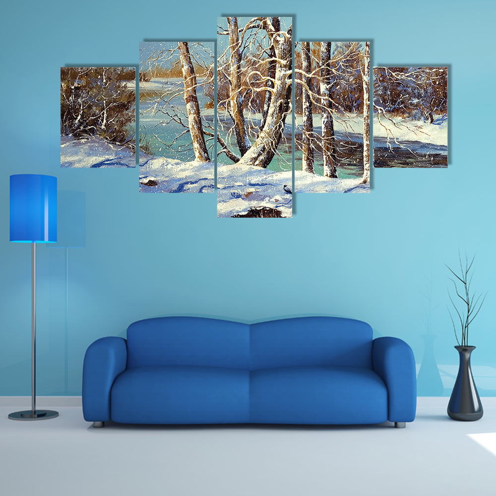 Winter River with Snowy Bank Canvas Wall Art