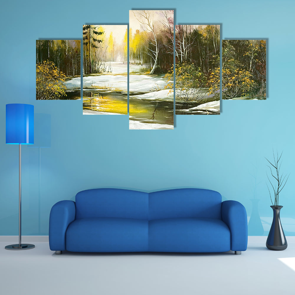 Winter Riverbank with Golden Light Canvas Wall Art