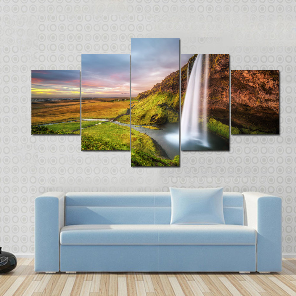 Seljalandsfoss Waterfall At Sunset In Iceland Canvas Wall Art