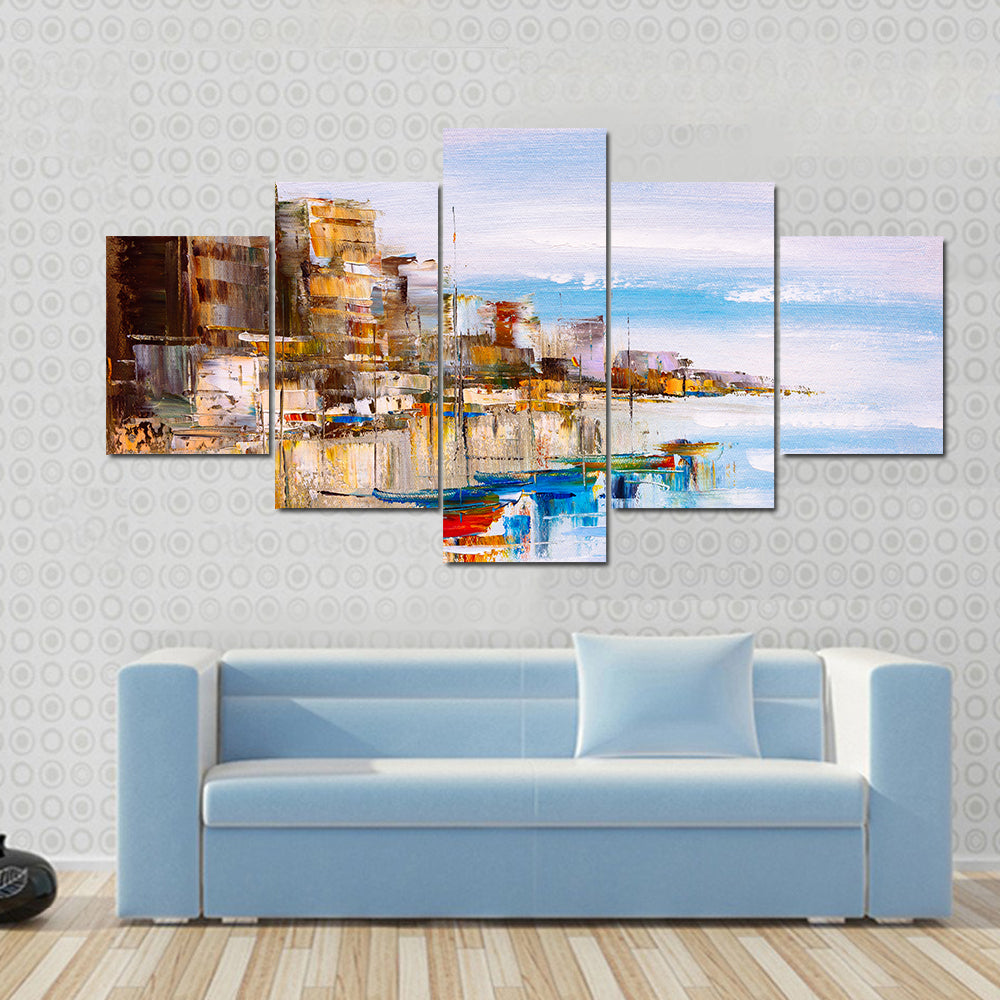 Abstract Harbor with Fishing Boats Canvas Wall Art