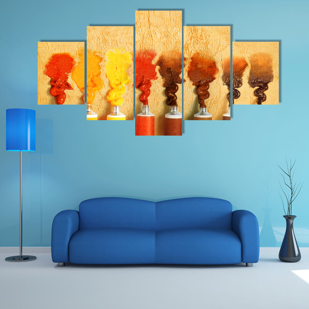 Eight Paint Tubes in Warm Yellow-brown Gradient Canvas Wall Art