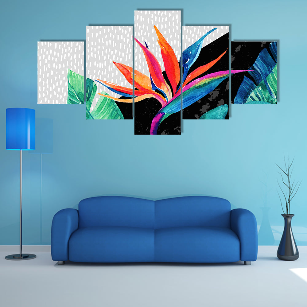 Tropical Minimalist Bird of Paradise and Monstera Canvas Wall Art