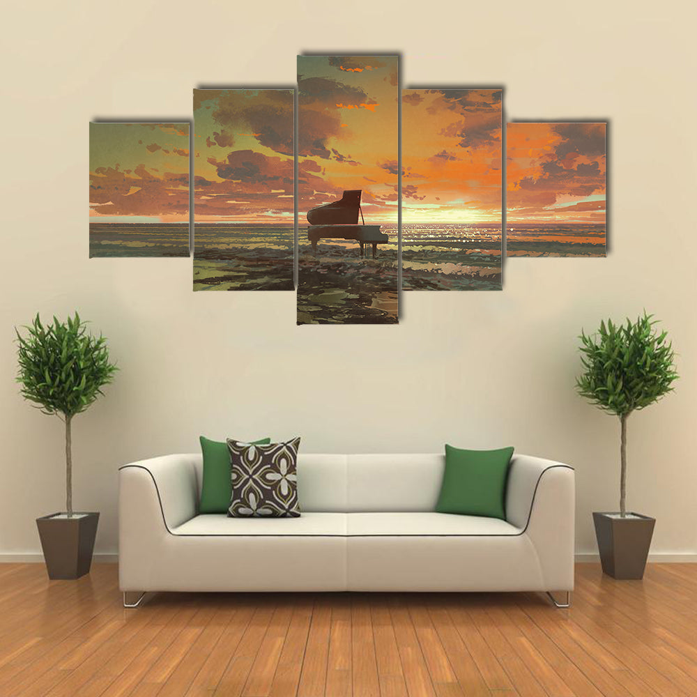 Surreal Piano On Beach Sunset Canvas Wall Art