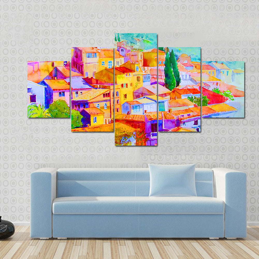 Village View On Hill Mountain Canvas Wall Art