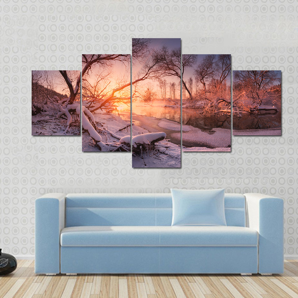 Frozen River At Sunset Canvas Wall Art